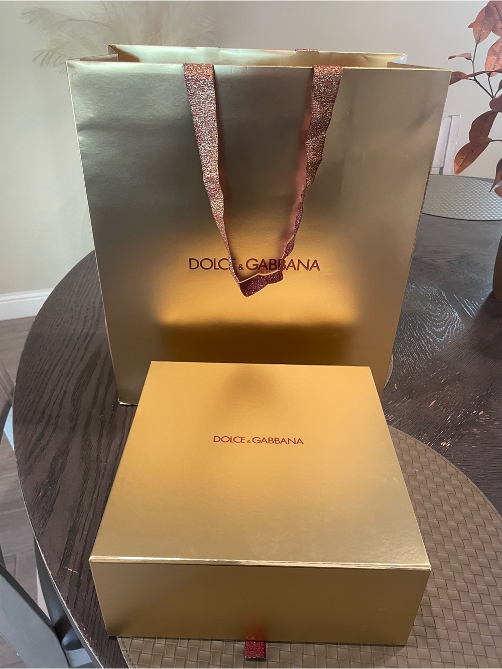 Dolce & Gabbana Metallic Gold Gift Set with Burgundy Ribbon Handles
